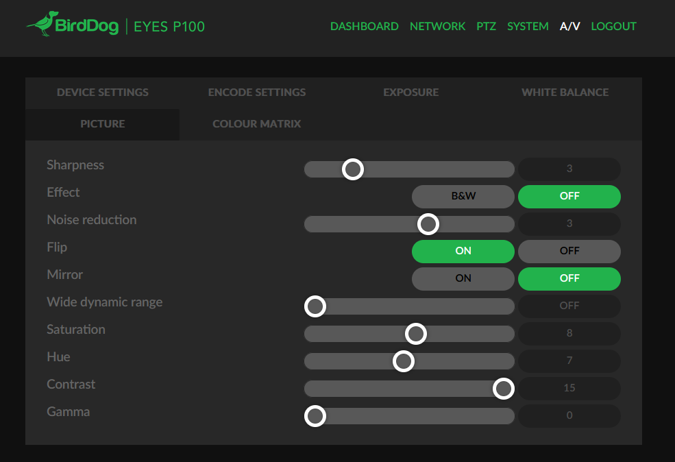 A screen-shot showing the AV menu item selected. Then in the Picture sub-menu, Flip is set to On.